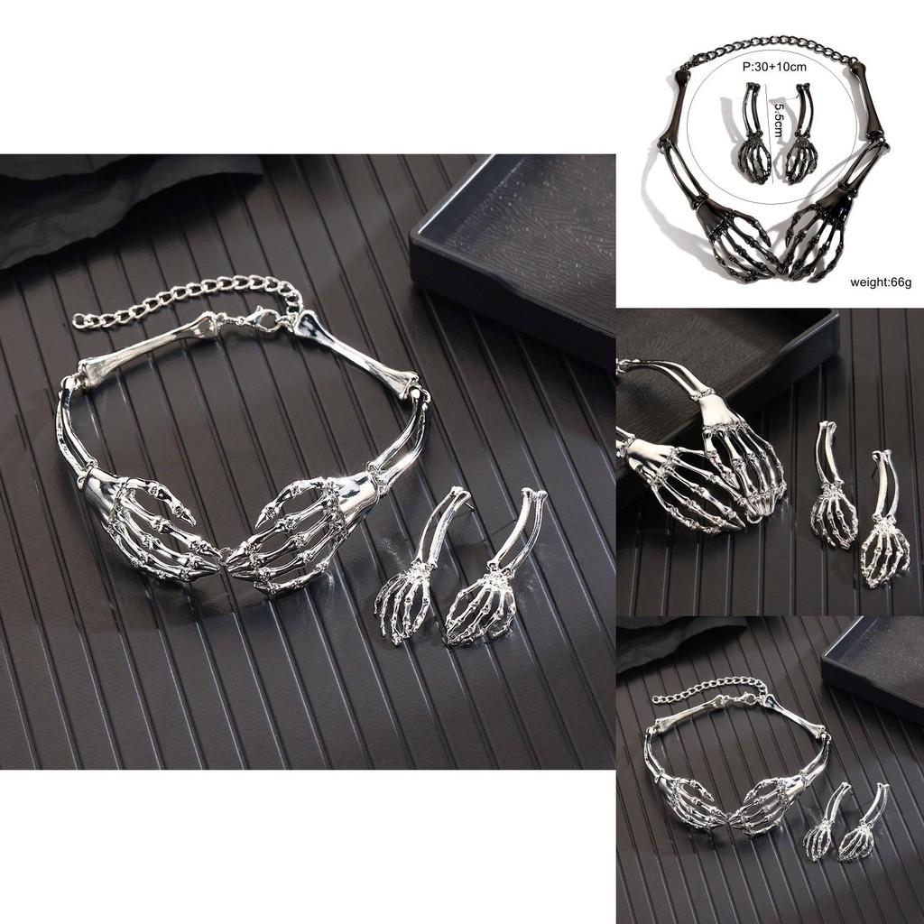 Gothic Punk Skeleton Necklace Earring Set With Metal Bone Hands For Halloween Costume