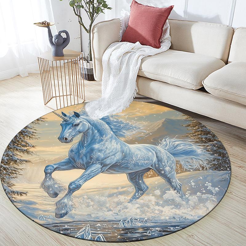 Snowflake Unicorn,Round Area Rug,Carpet Rug for Living Room Bedroom Sofa Playroom Decor,Non-slip Floor Mat