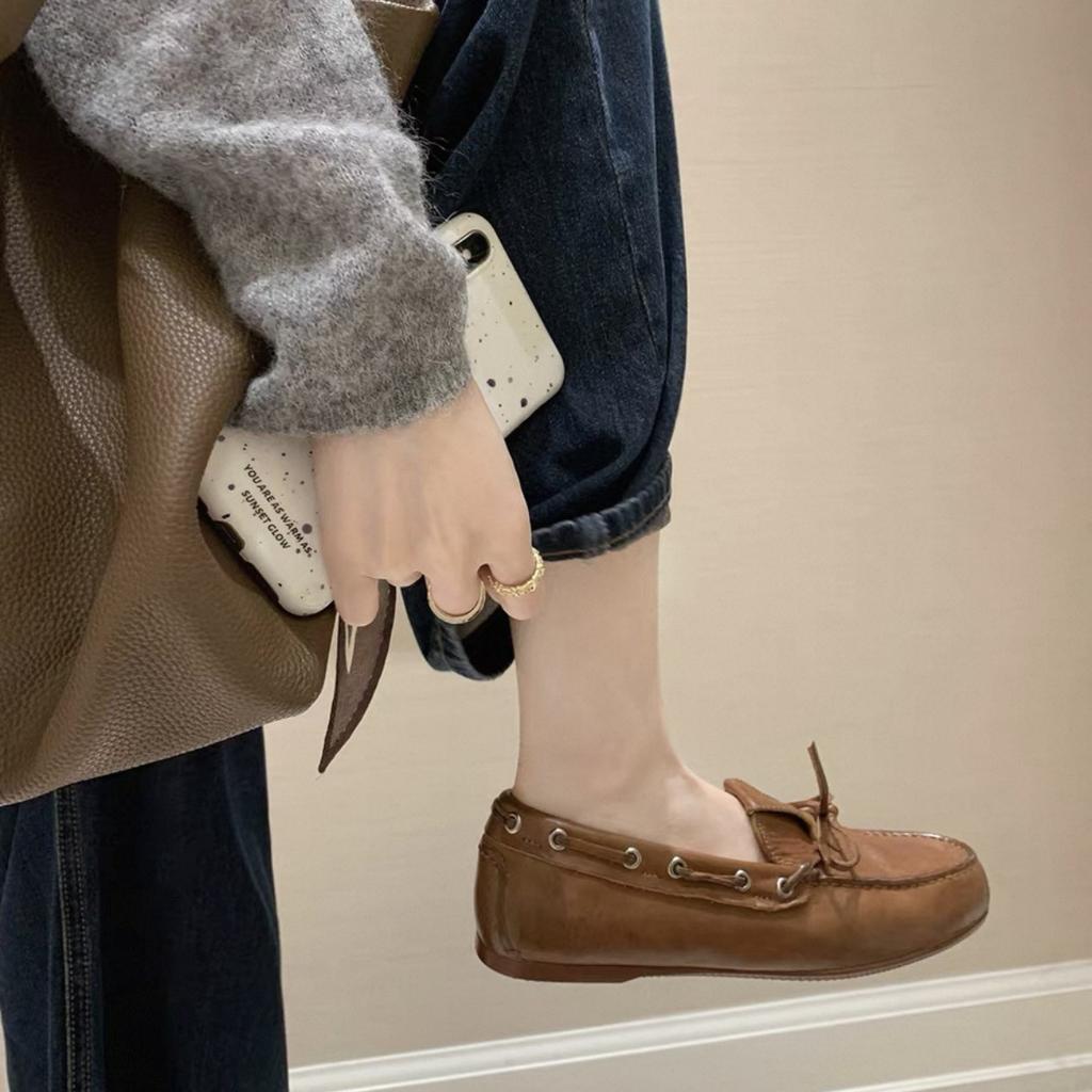 Grape Home~ Cowhide Edition Sydney Weekend~ Washed Horse Leather Pattern British Style Bow Doudou Loafer Leather Shoes Women