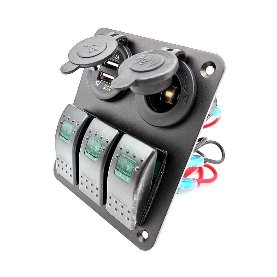 Schalterpaneel 3-fach Wippschalter Boot Auto Schalttafel 2USB Steckdose