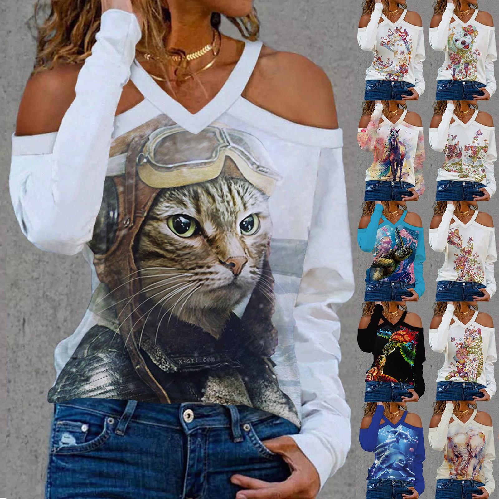

Женский повседневный животный принт Мода V-образный вырез с плеча Halter Длинный рукав Топ