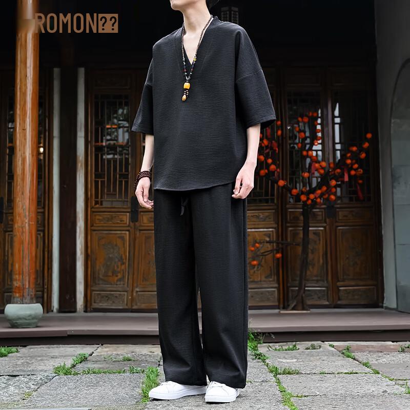 

ROMON Men s New Chinese Style Ice Silk Summer Set L