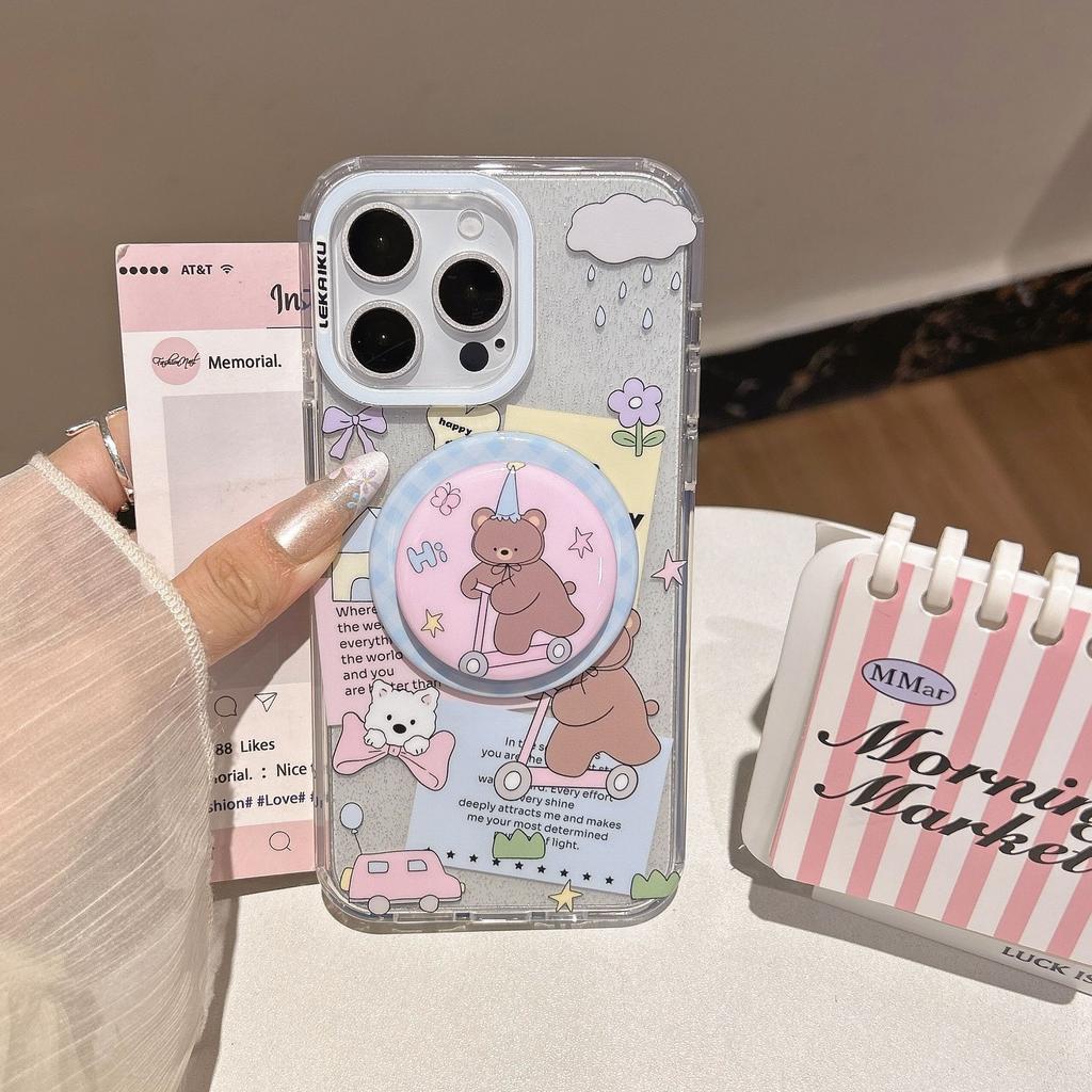 ins Korean cartoon animal suitable for Apple 16promax mobile phone case iPhone15 magnetic suction bracket 14P new