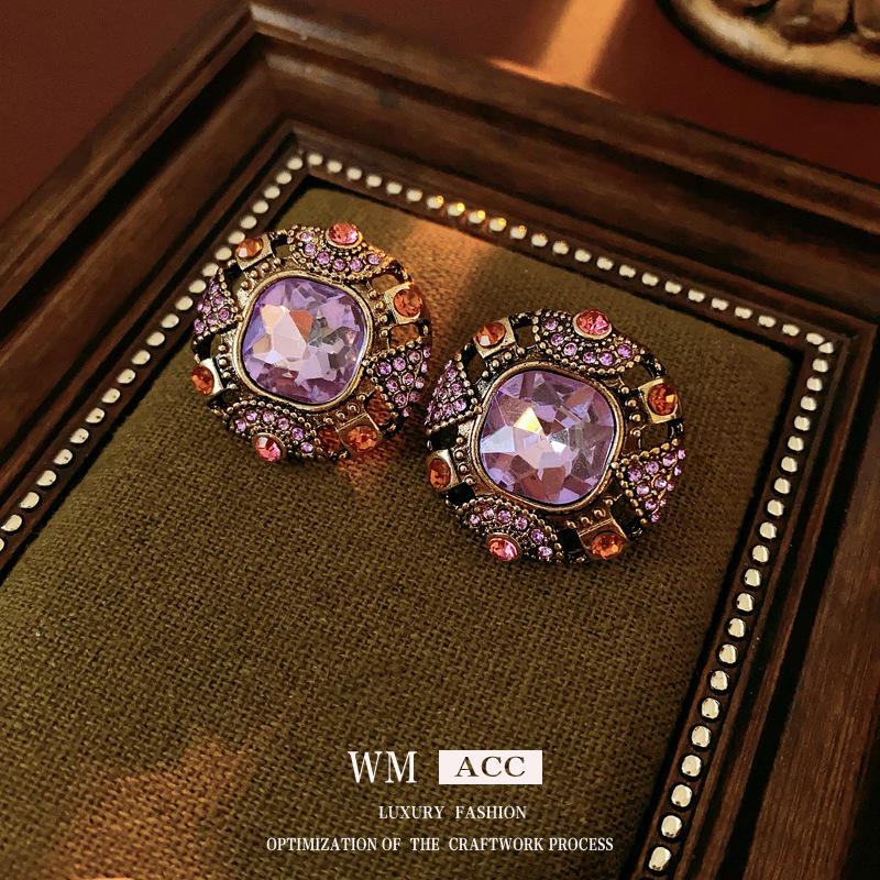 Vintage Silver Needle Diamond-Encrusted Square Earrings - Retro Court Style Luxury Ear Clips