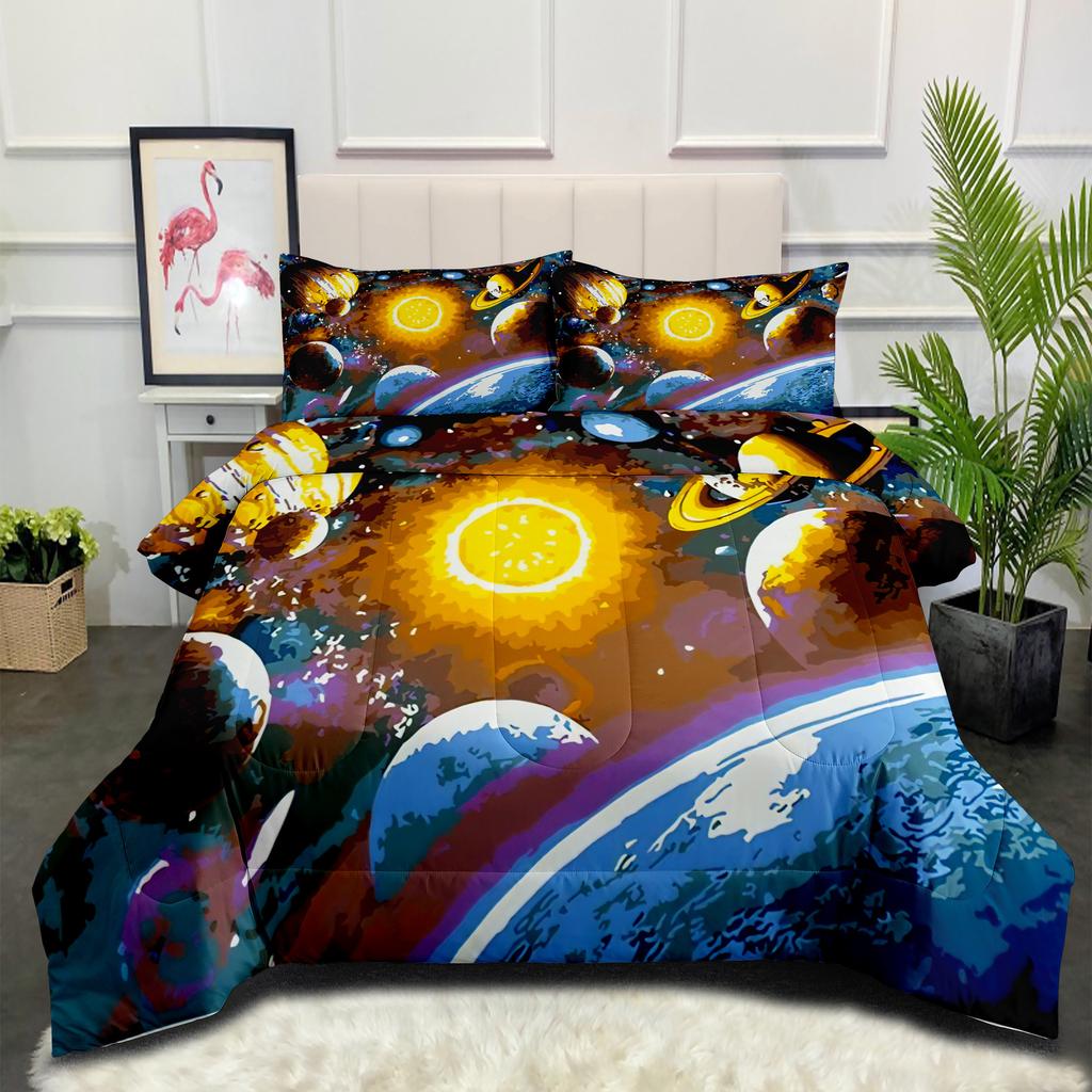 Space Galaxy Astronaut Comfortable Brushed Printing Fat Quilt Feather Silk Cotton Thickened Filled Quilt Cover Three-piece Set