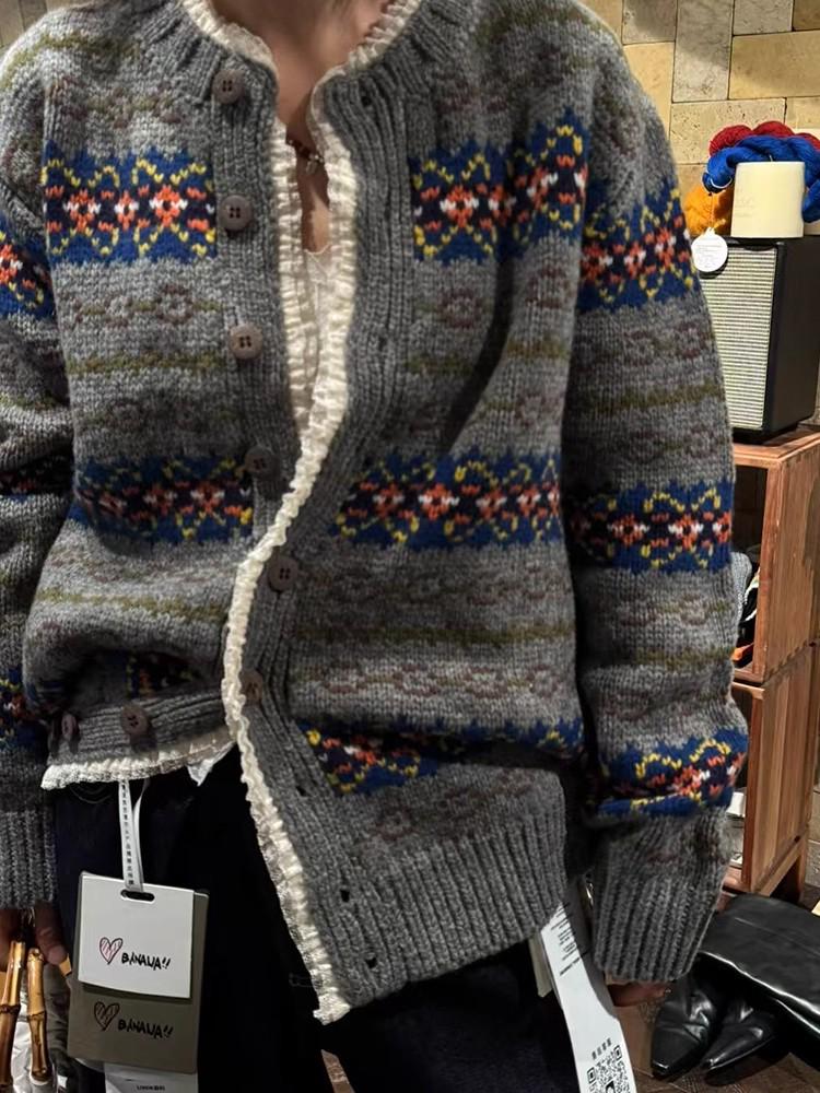 Korean Retro Color Block Fair Isle Cardigan - Soft, Cozy Knit for Autumn/Winter