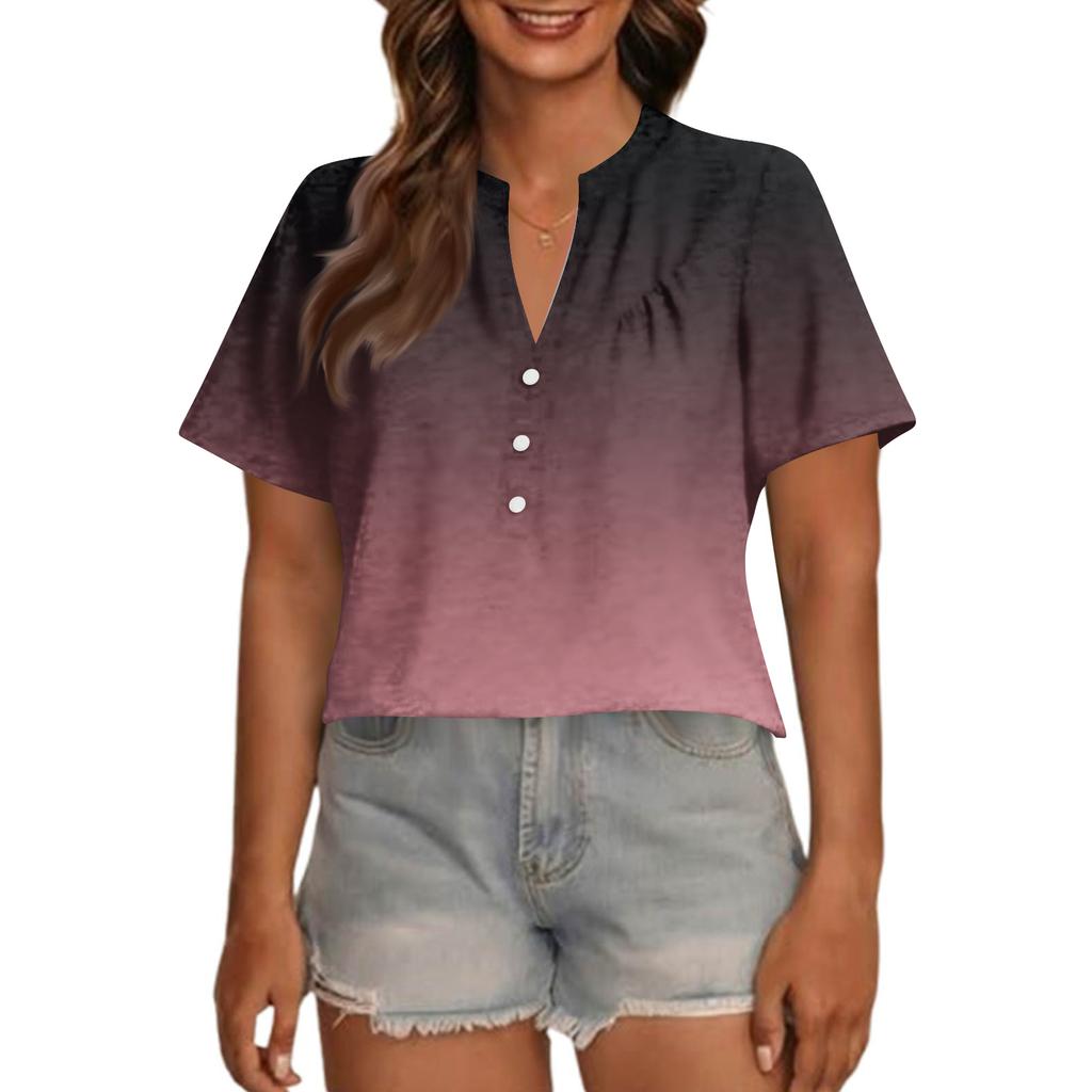 Women's Fashionable Casual V Neck Button Up Oversized Short Sleeve Printed Top