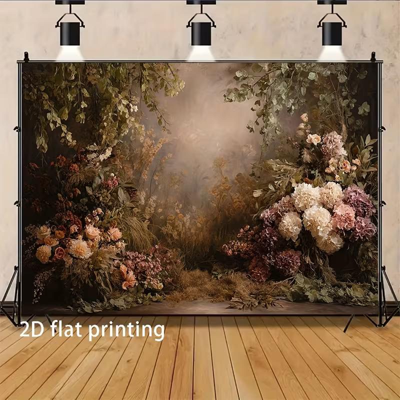 Dark Romantic Floral Garden Backdrop, Vintage Oil Painting Style Flower Arch Background Cloth for Wedding, Engagement, Creative Photography