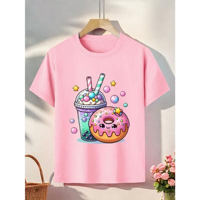 European Sizes Girls' Donut & Drink T-Shirt - Soft Summer Casual Round Neck Tee with Cute Donut Holes & Beverage Cup Print,