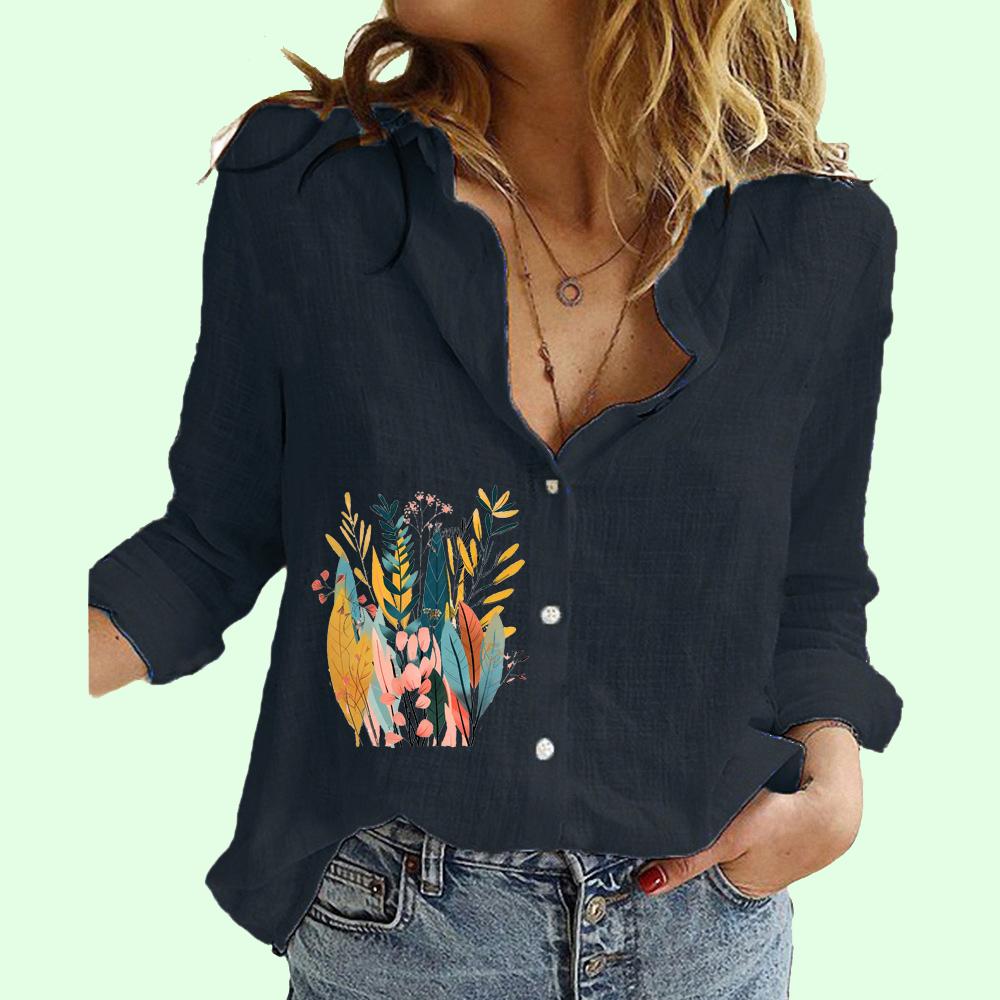 Women Fashion Button-up Shirt Summer&fall Cotton Linen Long Sleeve Top Ladies Casual Floral Print Blouses