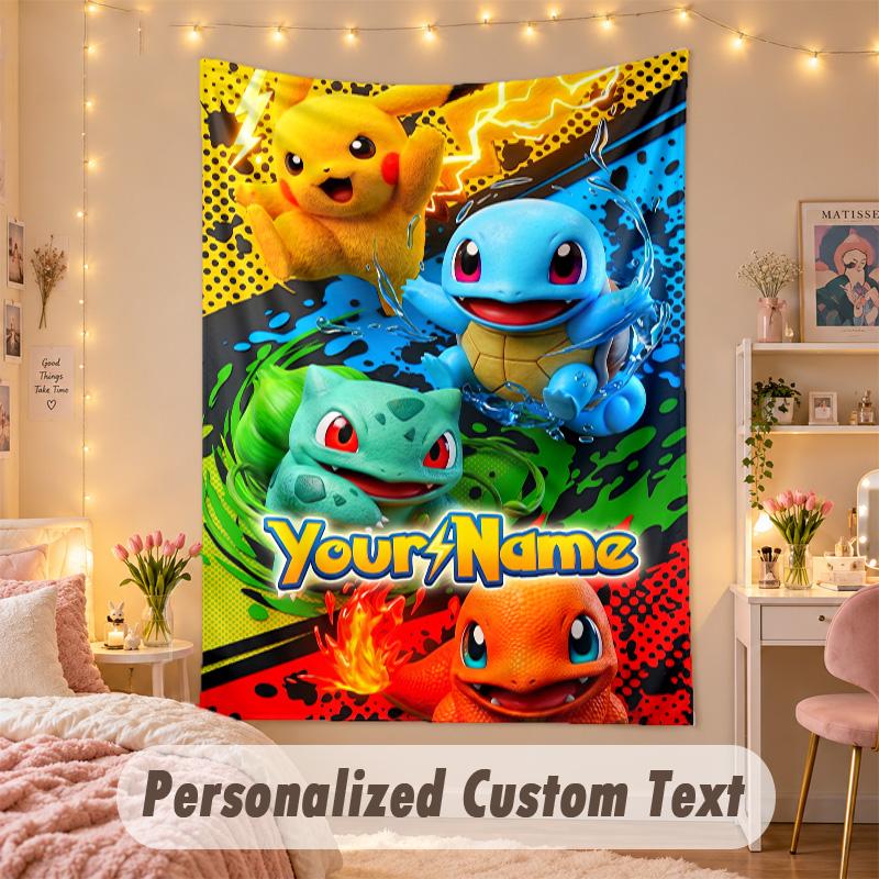 Custom Personalized Tapestry,Pokémon Print Custom Name Text Wall Art Hanging for Bedroom