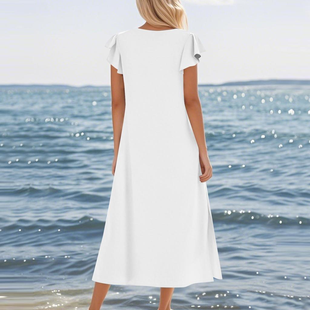 Ladies' Fashionable Summer Casual Pleated Sleeves, Loose Color Short Sleeves, Round Tie, Pocket Beach Dress
