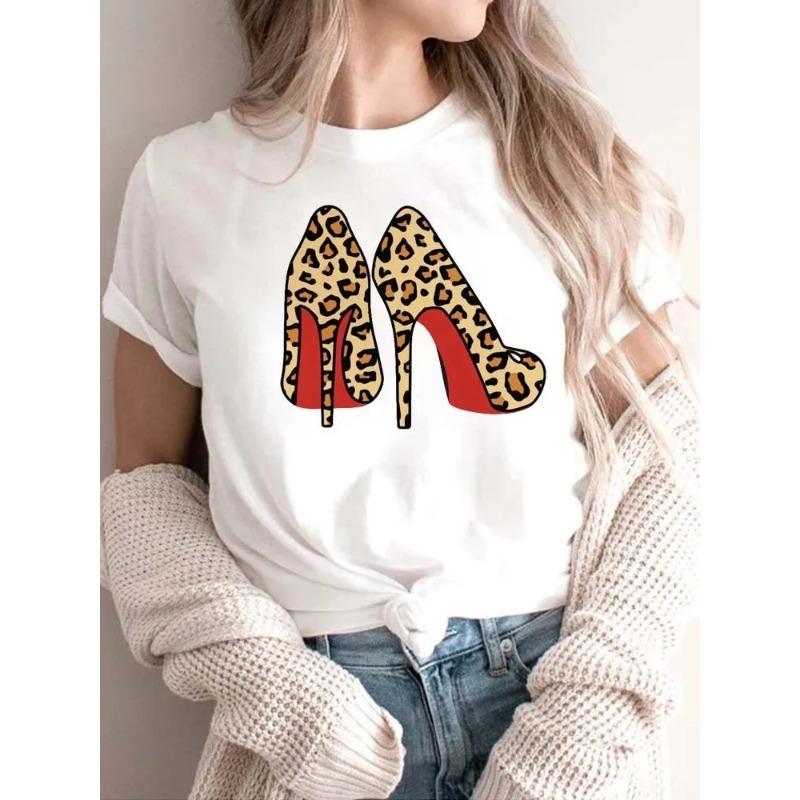 Modisches bedrucktes High-Heel-T-Shirt für Damen Modisches weißes Kurzarm-T-Shirt mit Schleifendesign Lässiges Home-Top für Mädchen