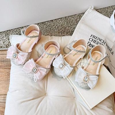 Girls Half Shoes Kids Toes Capped Princess Sandals Fashion Children Rhinestone Pearls Performance Shoes with Bow-knot 2024 New