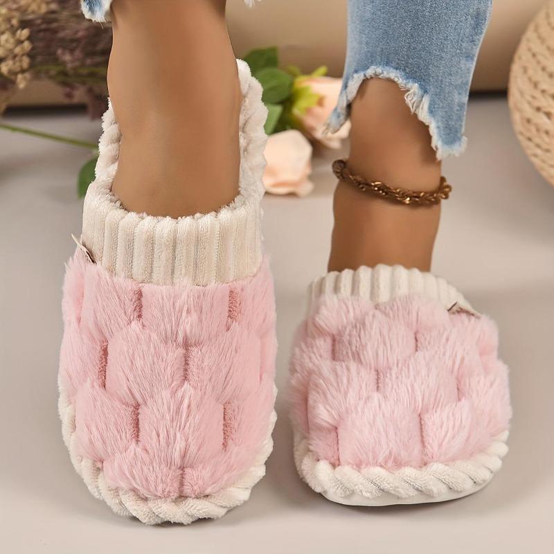 New Faux Fur Slippers Casual Slip On Plush Lined Comfortable Indoor Home Slippers