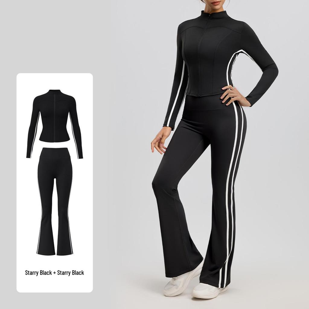 Yoga Flared Pants and Top Striped Slimming Sportswear Set