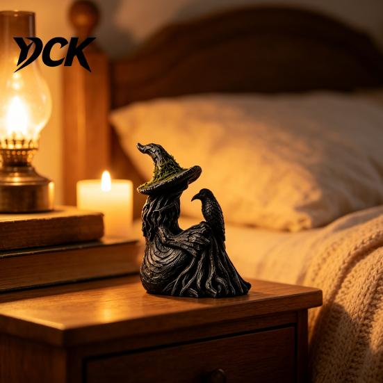 Handmade Dark Fantasy Figurine Luminous Witch & Raven with Mossy Tree Texture, Resin Gothic Halloween Garden Decor Statue LED Light for Home