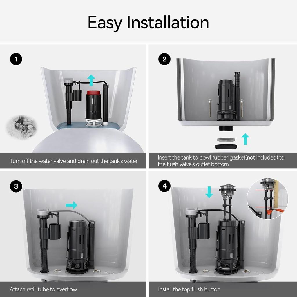 R&T 2-Inch Toilet dual flush valve replacement kit with Push Button Dual Flush Toilet Repair Kit Toilet Tank Parts Replacement for 2-piece Toilet