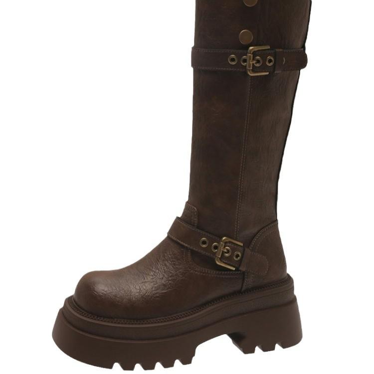 Brown retro British style platform boots women's 2025 autumn and winter new long boots high tube height increase and thin knight boots
