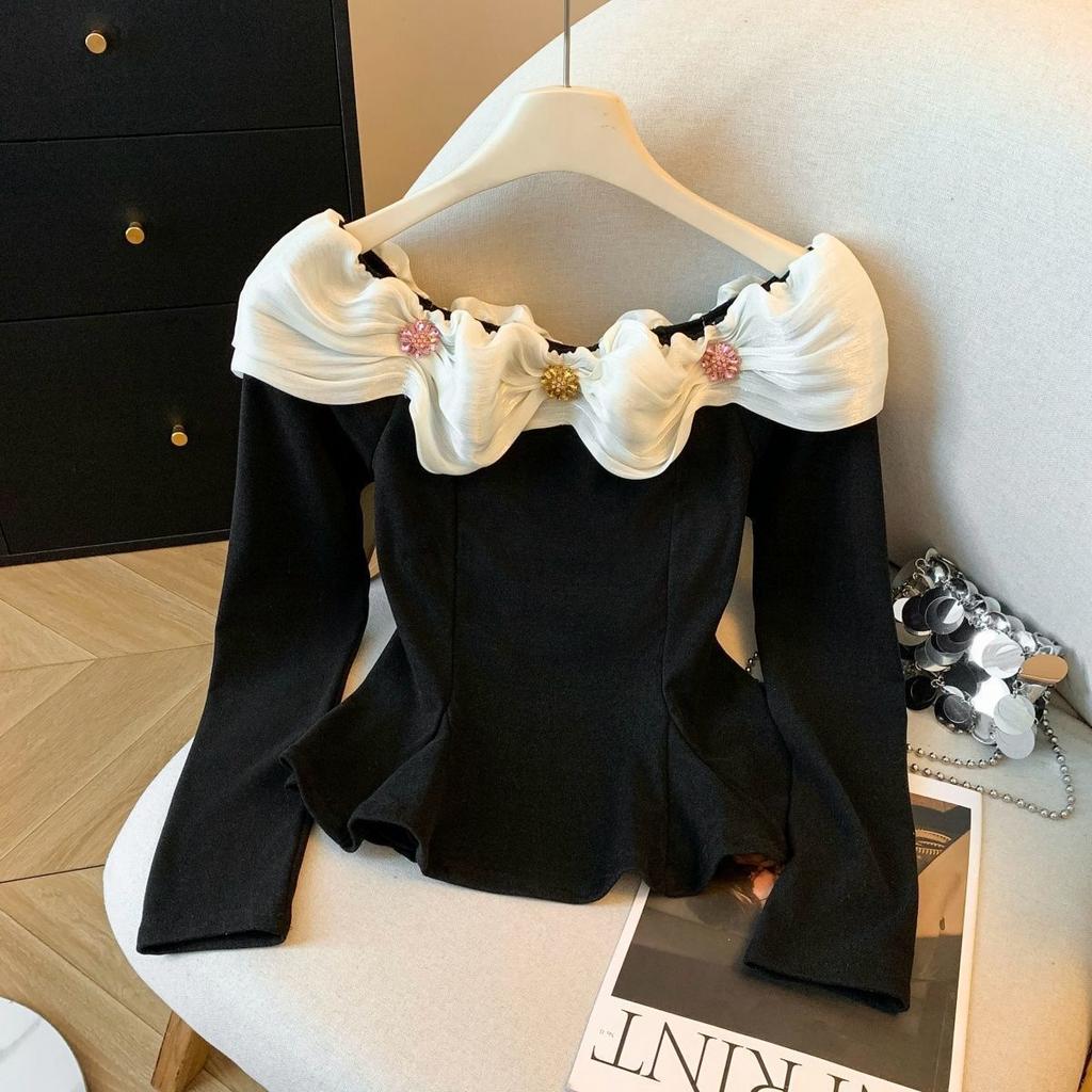 Aulude Elegant One‑Shoulder Fitted Top, Ruffle Collar Beaded Decor Ladies Party Blouse