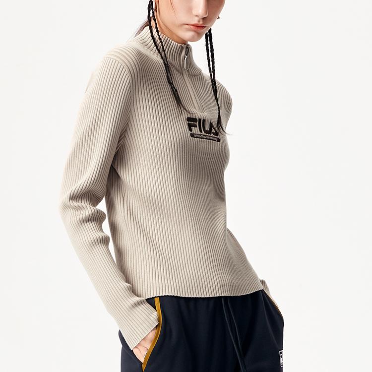 FILA Fusion X White Mountaineering Crossover Casual Knit Breathable Stand Collar Cardigan Fitted Sweater Jacket Women outerwear Beige T11W147401F-LK