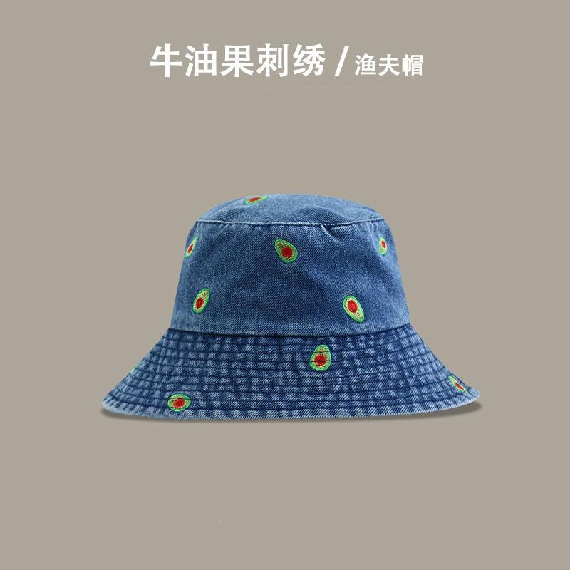 Denim Bucket Hat Female Versatile Simple Avocado Embroidered Bucket Hat Spring and Autumn Sunscreen Student Trend Basin Hat