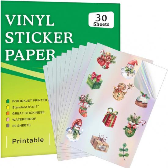 30 Sheets Premium Holographic Printable Vinyl Sticker Paper for Inkjet Printer, 8.5x11" Holographic Printer Paper Waterproof, Dries Quickly, Vivid