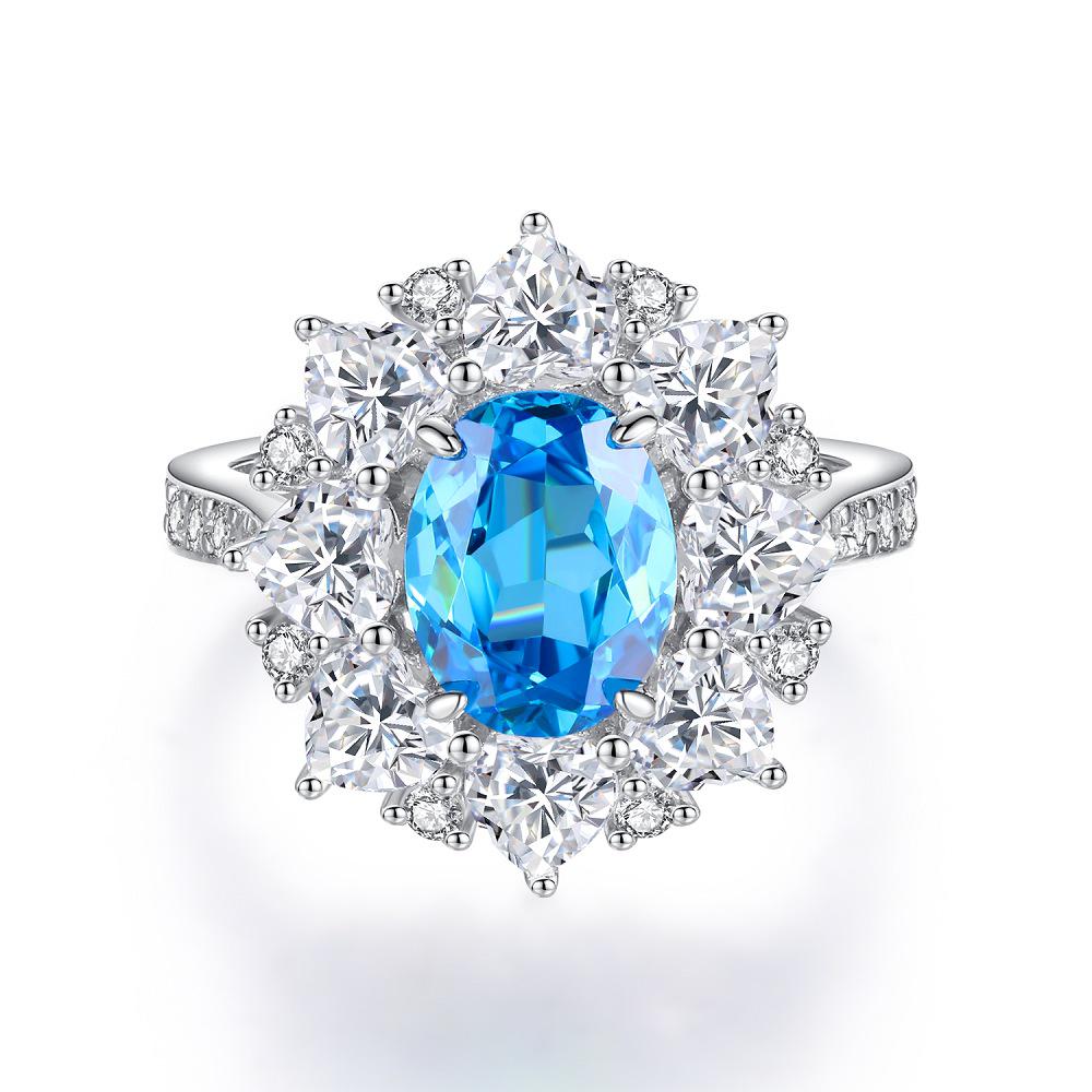 S925 Sterling Silver Women's Aquamarine & Zircon Ring with High Carbon Diamonds In Luxury Setting, European & American Cross-Border Style.