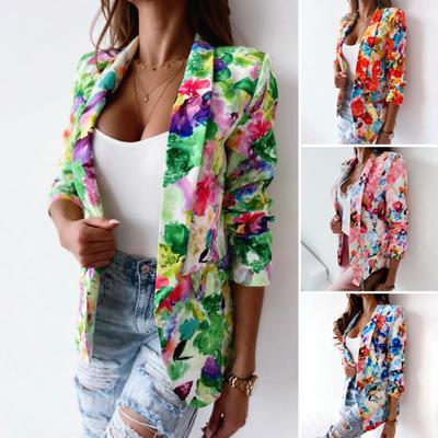 Bürodame Blazer Bunter Druck Slim Frühling Herbst Ziertaschen Floral Anzug