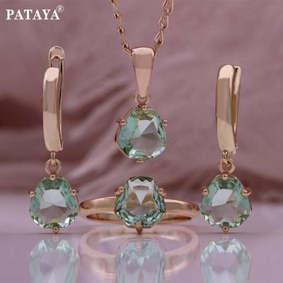 Rose Gold Color Green Artificial Zircon Earring Ring Chain Pendant Combination Set