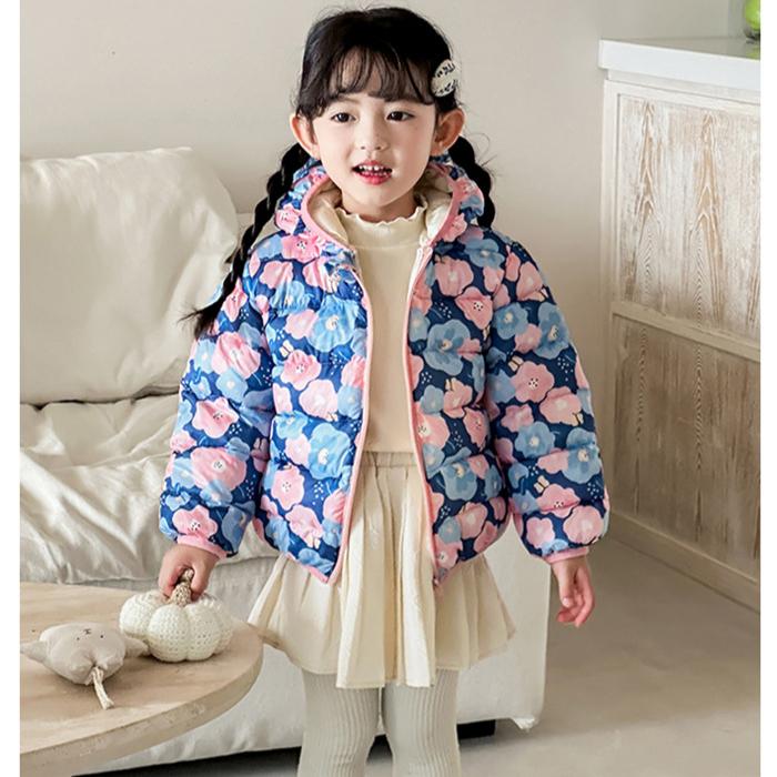 autumn cute Flower print coats Girls' warm cotton-padded children's clothes fashion style blue winter baby girl thickened short cotton-padded jacket