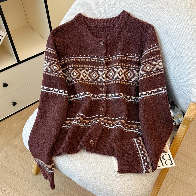 Women's 2026 Autumn/Winter Retro Jacquard Color Block Knitwear Cardigan