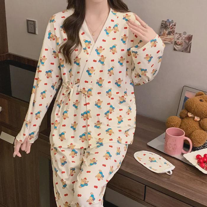 Women's Kimono Pajamas: Spring/Autumn Japanese Style V-Neck Cardigan with Long Sleeves & Trousers, Cute and Sweet for Home Wear