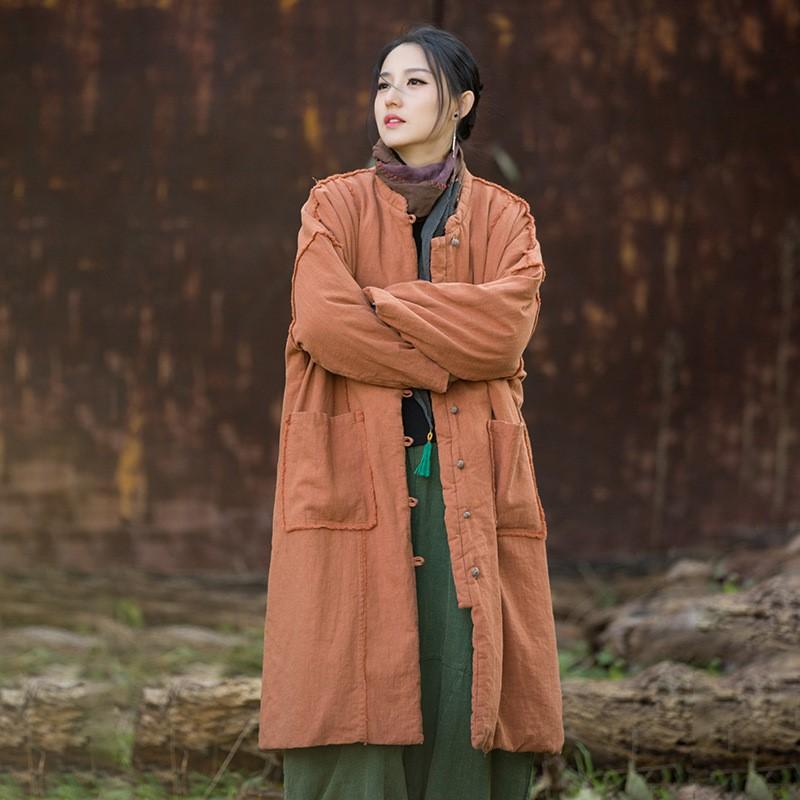 Johnature Women Vintage Winter Stand Long Sleeve Warm Button Chinese Style Coats Pockets Coats