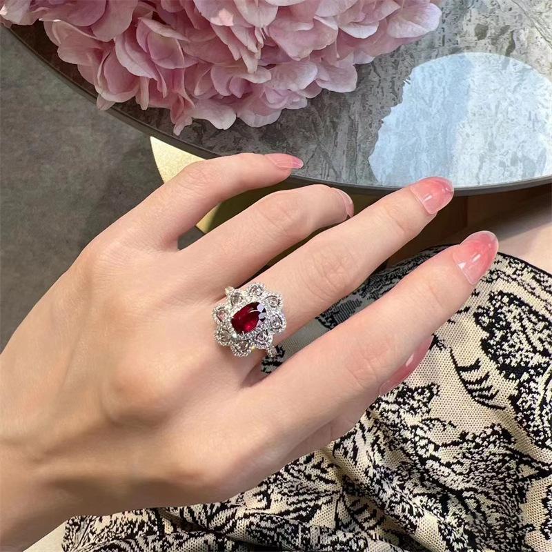 High Quality Classic Ruby Jewelry Sets Full Diamond Flowers Sparkling Red Earrings For Women Rings Wedding Engagement Necklace
