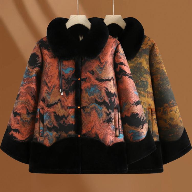 Middle-aged and Elderly People Thickened Winter Jacket Female Mother Winter Fur Collar Coat Old Lady Grandma Keeps Warm Plus Velvet Fur