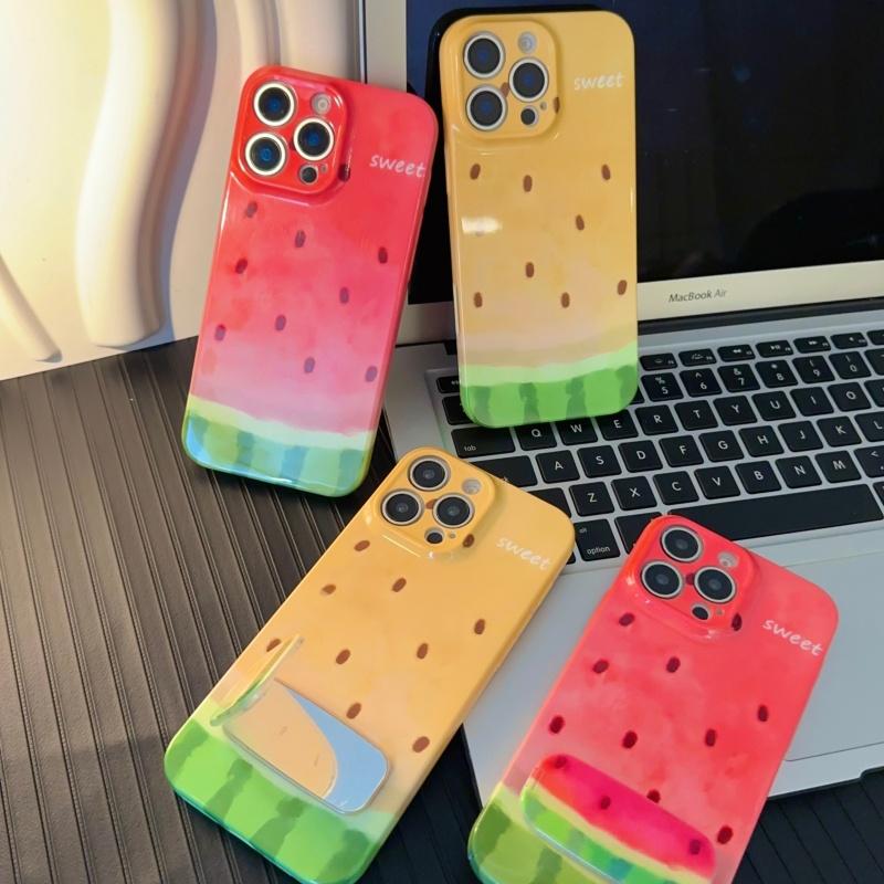 Summer Watercolor Watermelon Phone Case Suitable for iPhone 16 Pro Max 15 14 13 12 Pro 11 XS XR with Makeup Mirror Stand