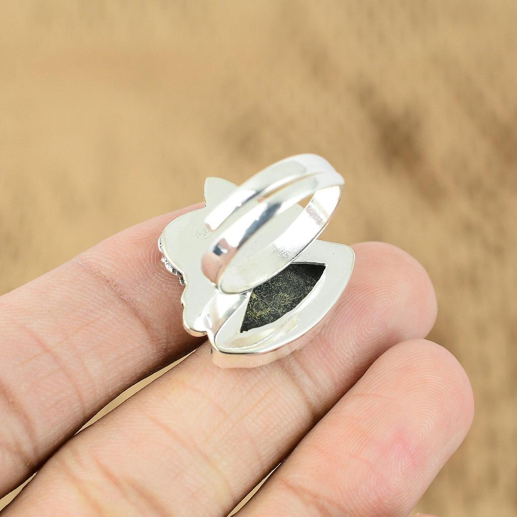 Trillion Black Tourmaline Rough Stone Boho Flower Promise Ring Sterling Silver