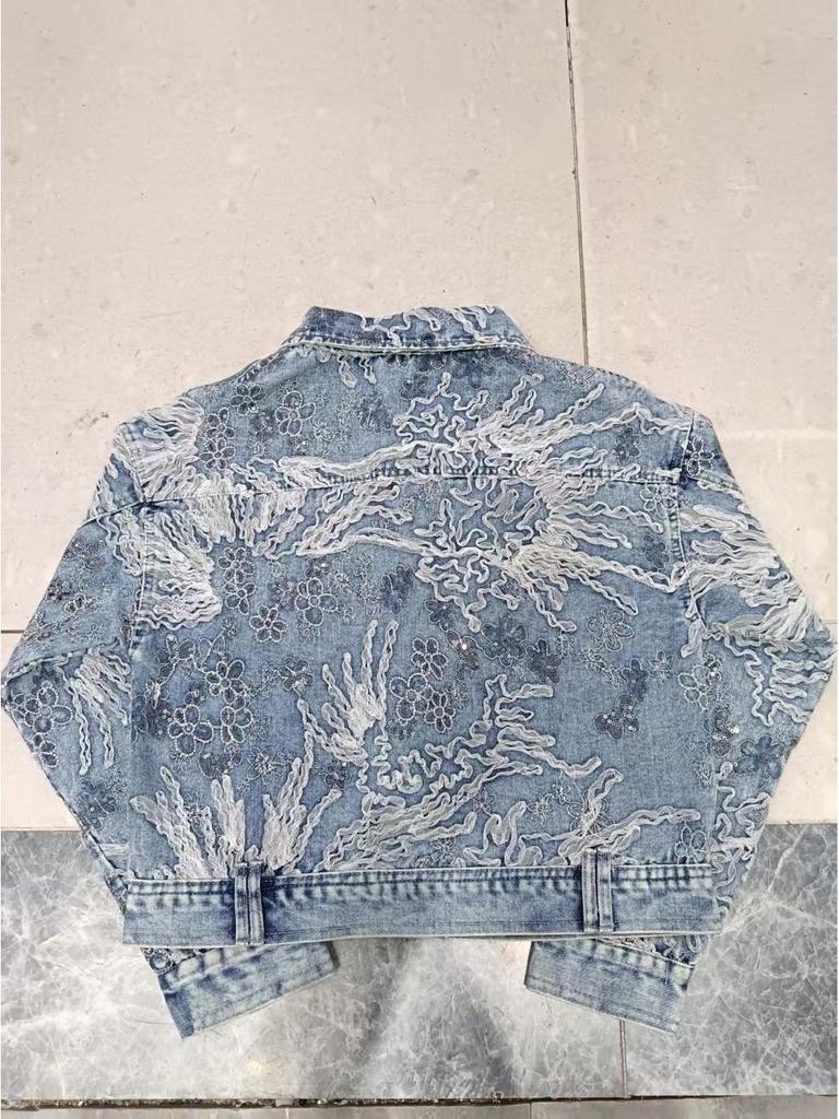 2025 Spring/Autumn Loose Lace Floral Embroidered Denim Jacket