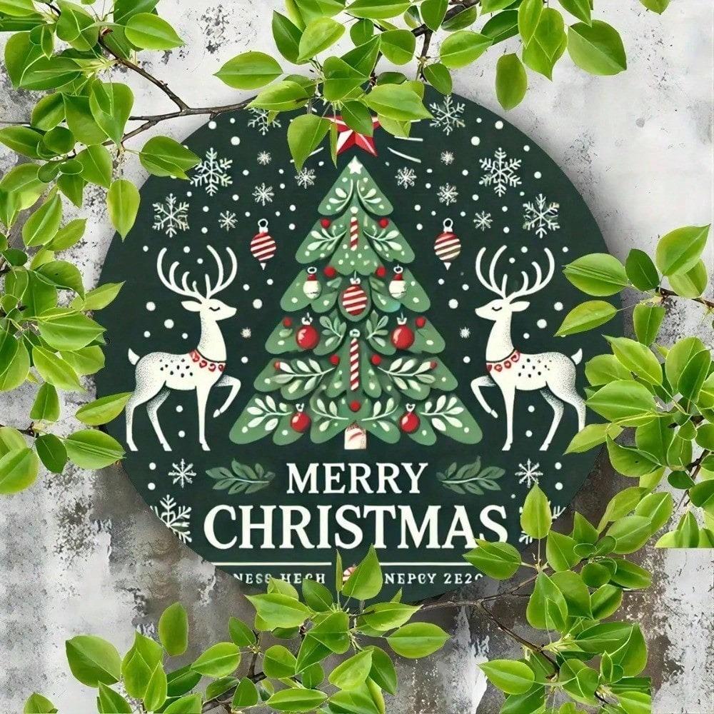1pc Rustic Metal Wall Art Sign, 8x8 Inch Round Tin Reindeer Tree Print, Festive Kitchen Bar Home Decor