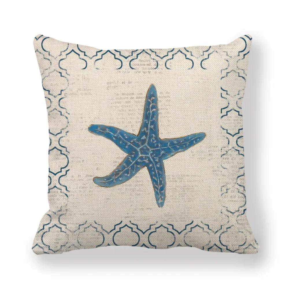 Fundas de Almohada de Mariscos Estrella de Mar Concha Marina Océano Cojín Decorativo Dormitorio Decoración del Hogar Algodón Lino Funda de Cojín 18x18 Pulgadas