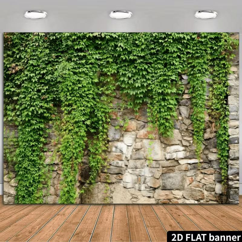 2D Natural Ivy Covered Stone Wall Backdrop Outdoor Greenery Photo Background