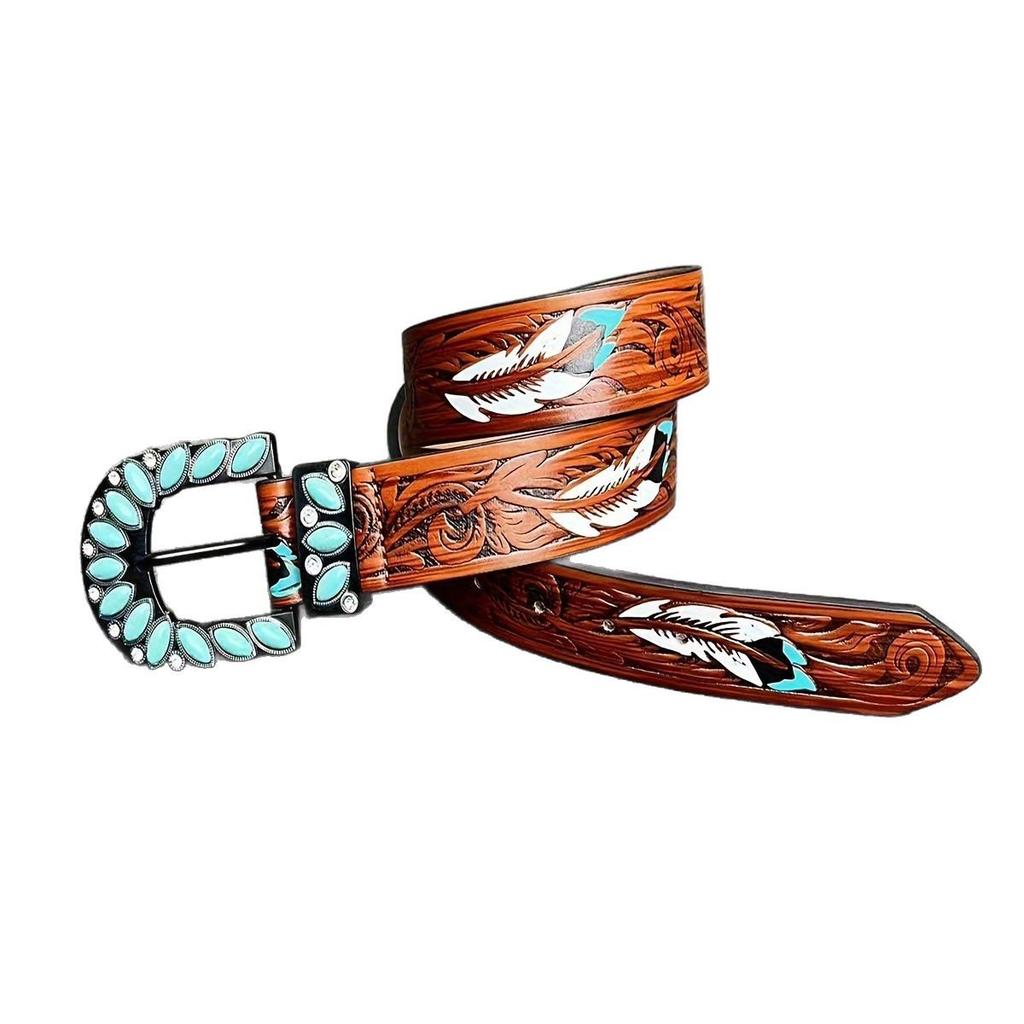 Women's Belt Retro Medieval Turquoise Buckle Belt Ladies Cowgirl Popular Belt