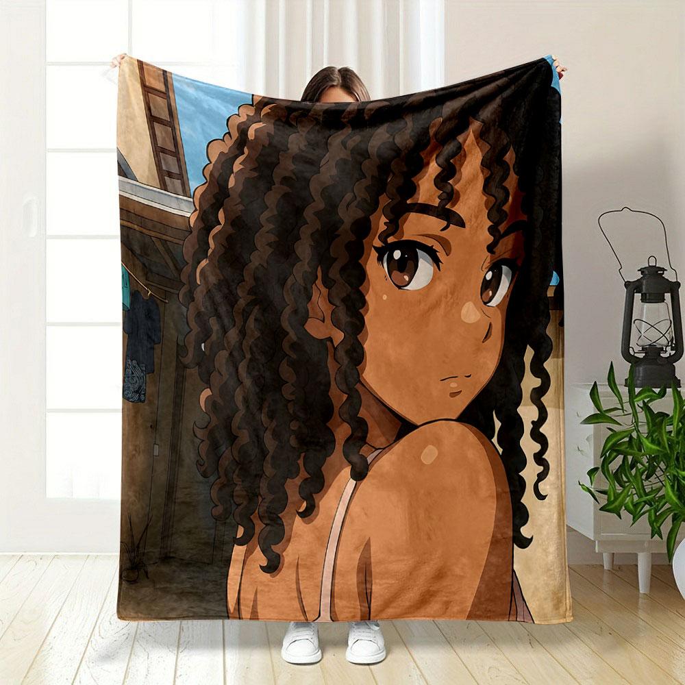 Curly-Haired Girl in Warm Outdoor Scene Patterned blanket, flannel, suitable for all seasons, home decor, warm and cozy