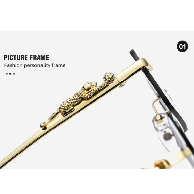 Módní čtvercové sluneční brýle bez obrouček Pánský značkový design Personalizovaná ozdoba leopardí hlavy Cestovní sluneční brýle za volantem