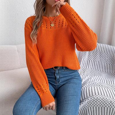 Damen Lässiger einfarbiger Lochstrick Laternenlangarm Pullover