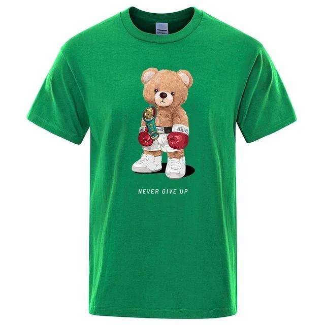 strong Boxer Teddy Bear Never Give Up Print Funny T-Shirt Men Cotton Casual Short Sleeves Loose Oversize S-XXXL Tee Clothing