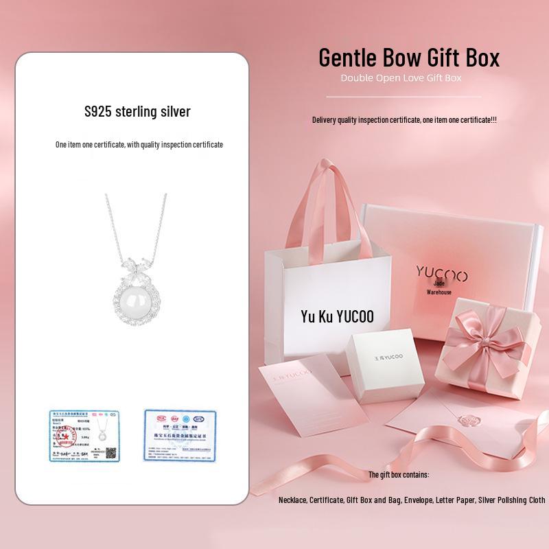 Chalcedony Bowknot 925 Sterling Silver Necklace, Light Luxury Birthday Gift for Women and Girls