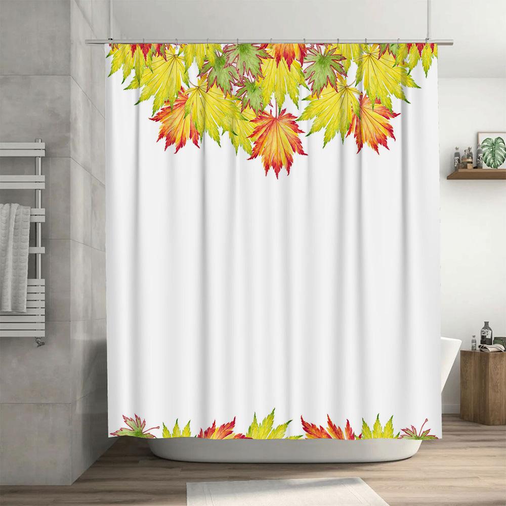 Luxury Autumn Maple Shower Curtain Set White Bath Decor with Red Yellow Leaves Pattern Watercolor Art for Bathroom Windows Size: