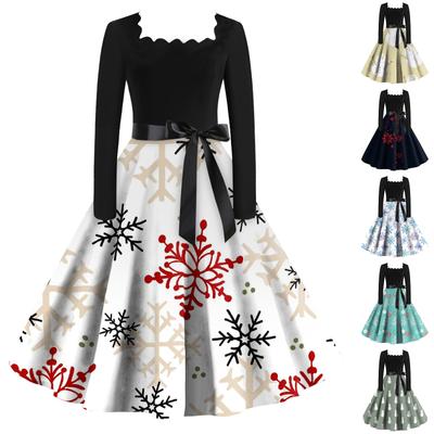 Women's Christmas Casual Fashion Square Neck Long Sleeve Printed Vintage Dresses